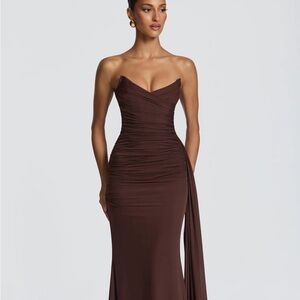 Strapless Chocolate Brown Ruched Maxi Dress